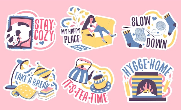 Sticker design set with cozy hygge home concept