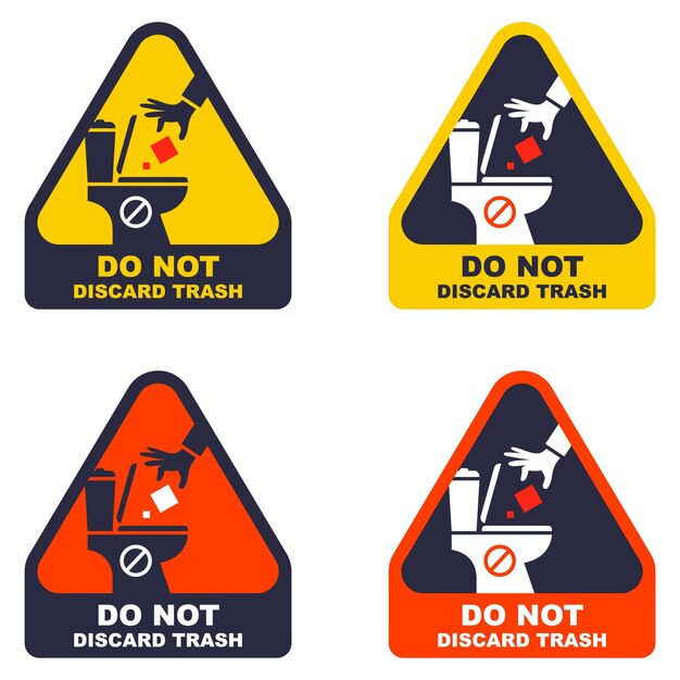 The sticker does not throw the trash into the toilet. set of warning signs for the toilet. flat vector illustration.