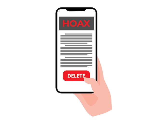 sticker icon hand holding smartphone delete hoax news from cellphone. stickers remove hoax news