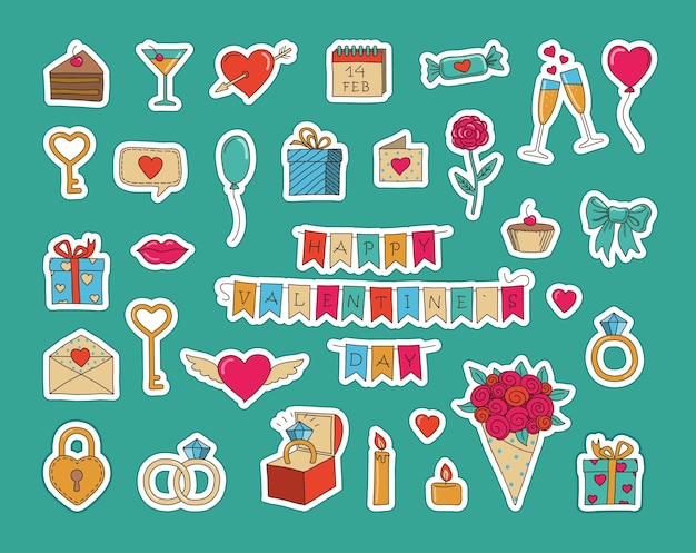 Sticker pack for Valentine s Day Set of valentines day doodle illustration