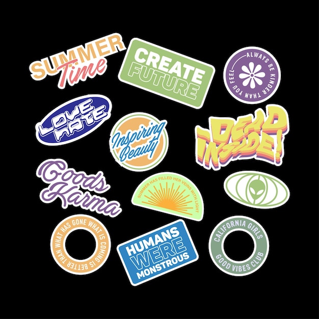 Vector sticker pack vector template decorated with cartoon image and aesthetic quotes graphic design