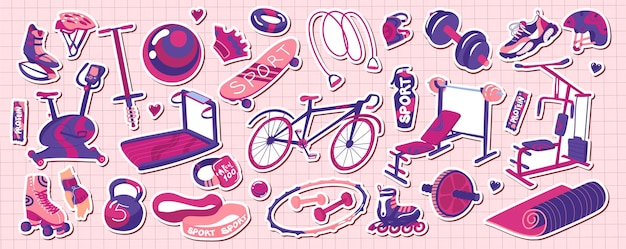 Vector sticker pack with sports equipment gym training activities lifestyle stickers clip art jump rope