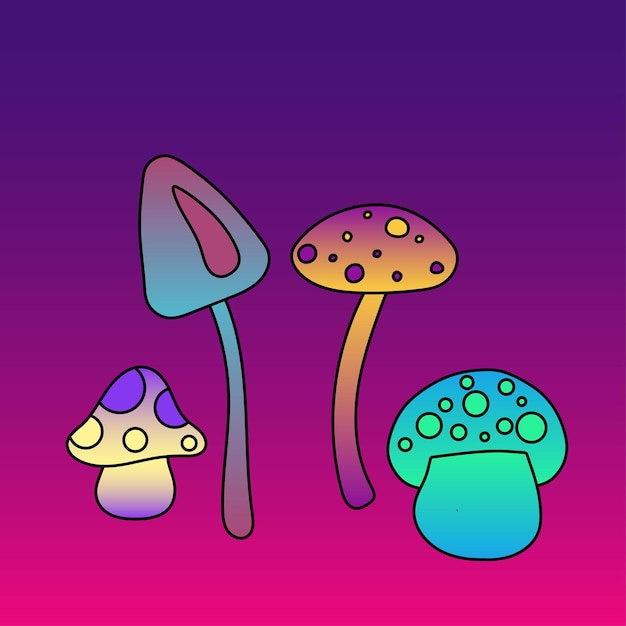 Vector sticker postcard icon with neon gradient hand drawn mushrooms in hippie style