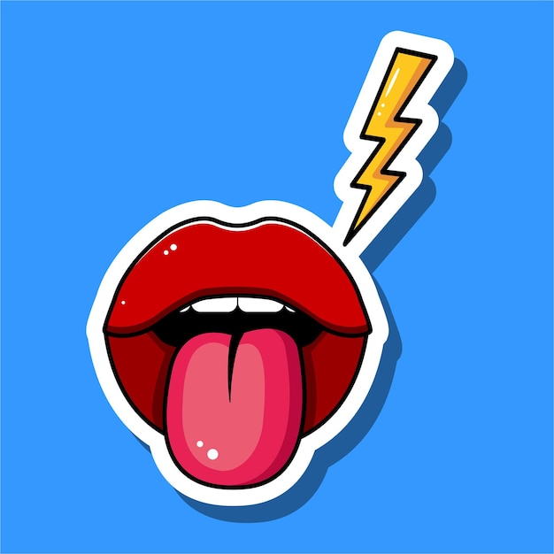 Sticker of a red open mouth with tongue and yellow lightning Vector illustration