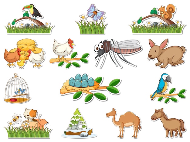 Sticker set of cartoon wild animals