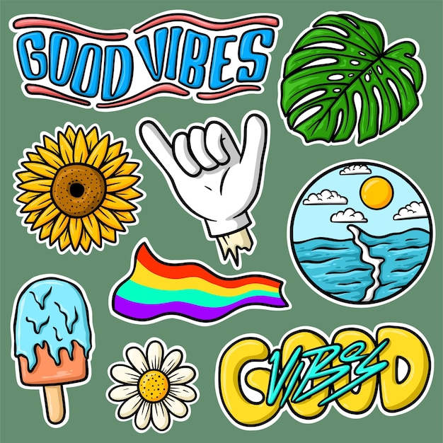 Sticker Set Hand Drawn Good Vibes Cartoon Illustration