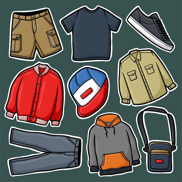 Sticker Set Hand Drawn Men's clothes Cartoon Illustration