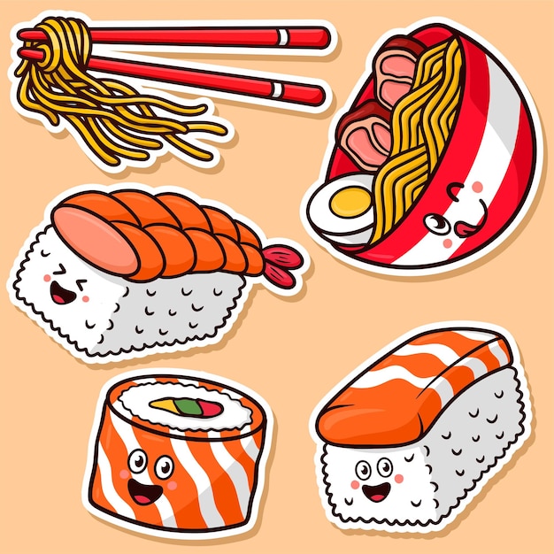 Sticker Set Japanese food Cartoon Vector Illustration