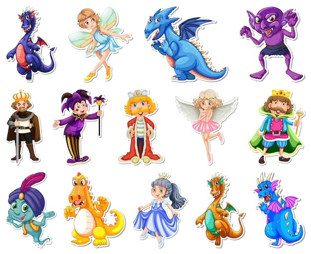 Sticker set with different fairytale cartoon characters