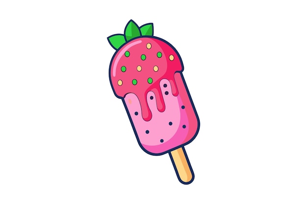 Sticker strawberry ice cream stick on white background