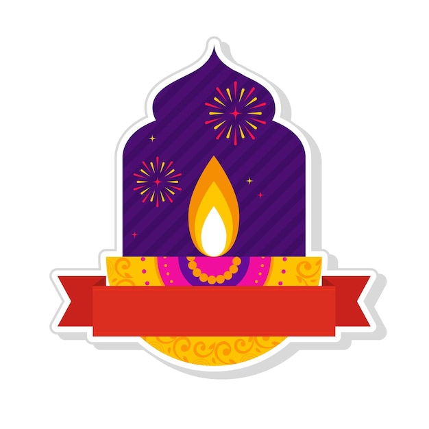 Sticker Style Blank Ribbon With Burning Oil Lamp Diya Against Purple Door Way Firework Background