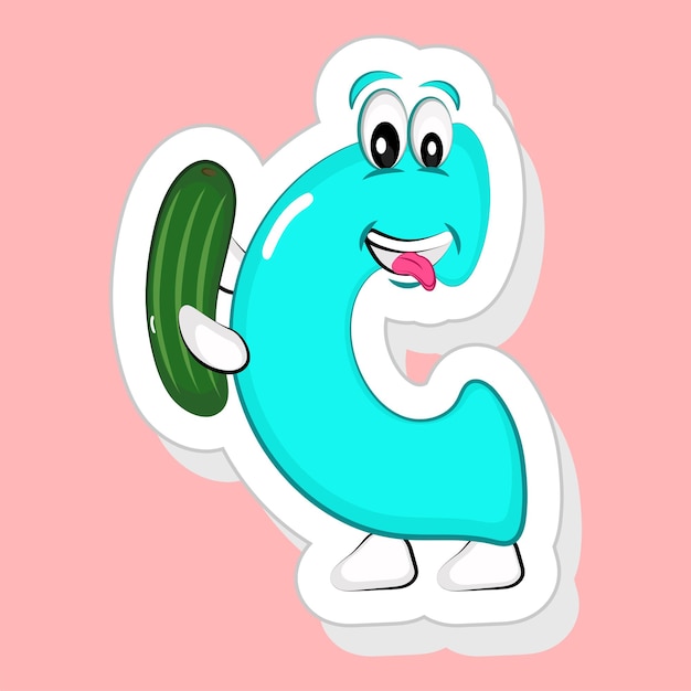 Sticker Style Blue C Alphabet Cartoon Character Holding Cucumber On Pink Background