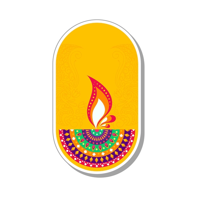 Sticker Style Colorful Floral Diya Oil Lamp Burning On Oval Yellow Background