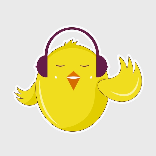 Sticker Style Cute Bird Wearing Headphone Over Grey Background