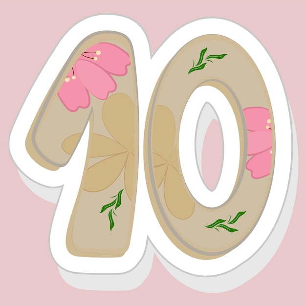 Sticker Style Floral 10 Number On Pink Background