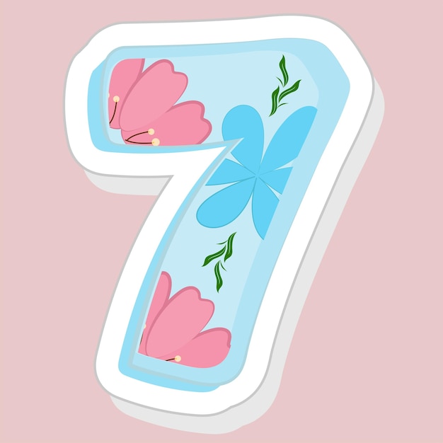 Sticker Style Floral Number 7 On Pink Background