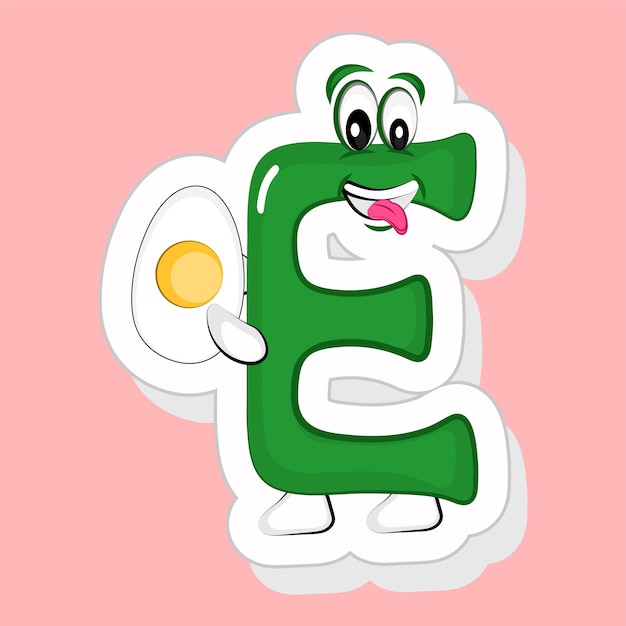 Sticker Style Green E Alphabet Cartoon Character Holding Half Boiled Egg On Pink Background