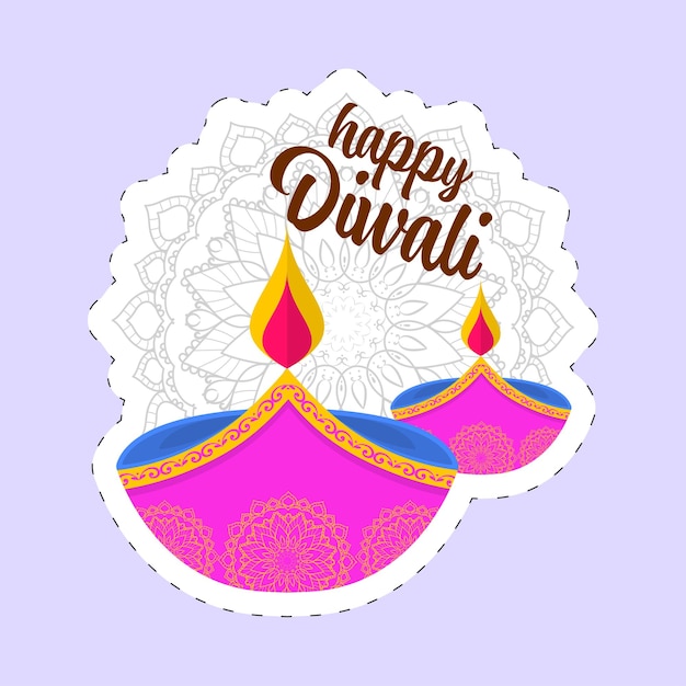 Sticker Style Happy Diwali Font With Lit Oil Lamp Diya And Mandala Pattern On Pastel Violet Background