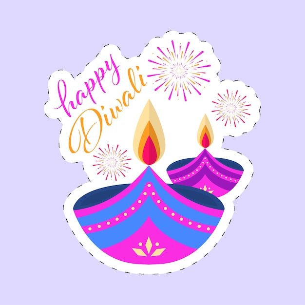 Sticker Style Happy Diwali Font With Lit Oil Lamps Diya And Fireworks On Pastel Violet Background