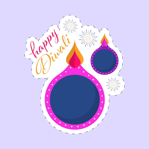 Sticker Style Happy Diwali Font With Top View Of Lit Oil Lamps Diya And Fireworks On Pastel Violet Background