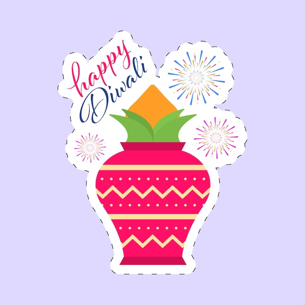 Sticker Style Happy Diwali Font With Worship Pot Kalash And Fireworks On Pastel Violet Background