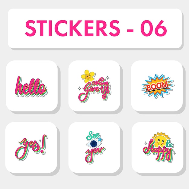 Sticker Style Hello Never Give Up Smiley Flower Comic Boom Yes See You Eye Be Happy Sun On White Background