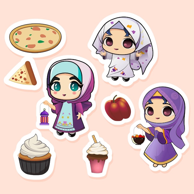 Sticker Style Islamic Girls Character With Fast Foods And Lantern On Pink Background