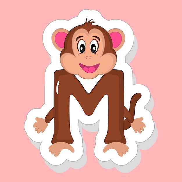 Sticker Style M Alphabet Animal Cartoon Monkey On Pink Background