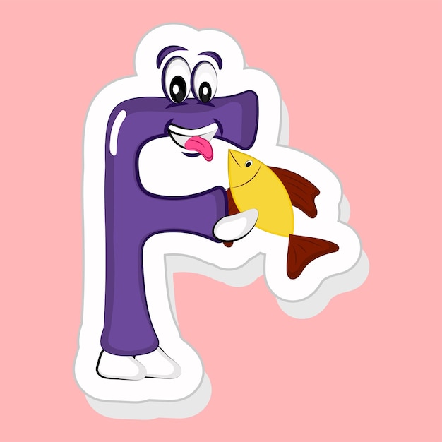 Sticker Style Purple F Alphabet Cartoon Character Holding Fish On Pink Background