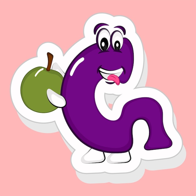 Sticker Style Purple G Alphabet Cartoon Character Green Apple On Pink Background