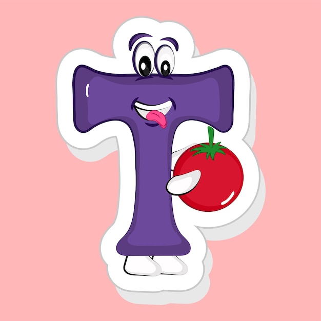 Sticker Style Purple T Alphabet Cartoon Character Holding Tomato On Pink Background