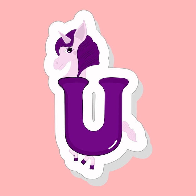 Sticker Style Purple U Alphabet Animal Cartoon Unicorn On Pink Background