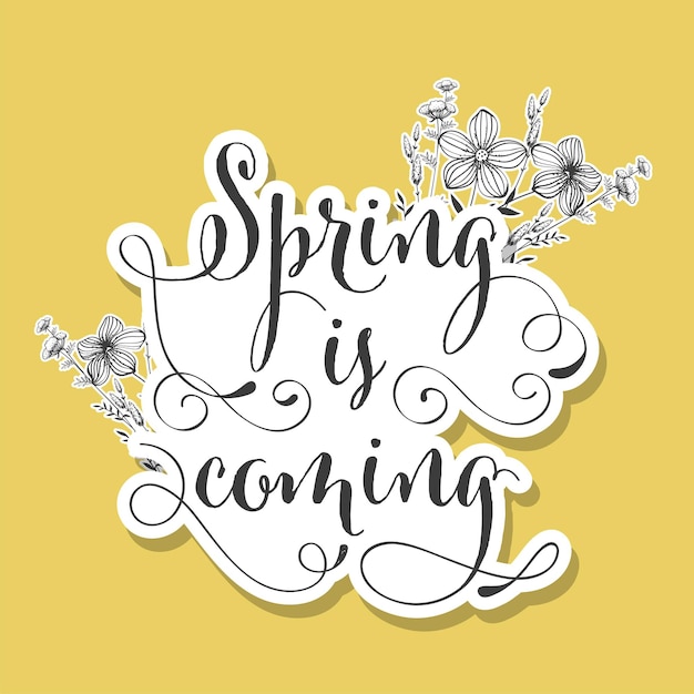 Sticker Style Spring Is Coming Font With Linear Floral On Yellow Background.