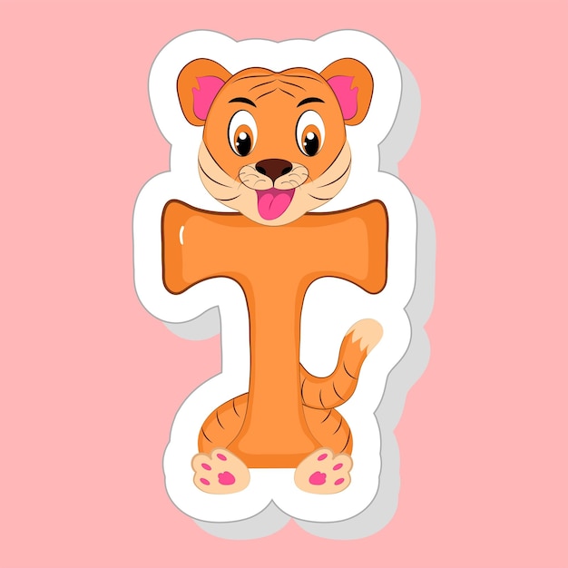 Sticker Style T Alphabet Animal Cartoon Tiger On Pink Background