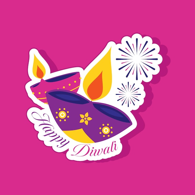 Sticker Style Two Burning Diya Oil Lamp Over Pink Background For Happy Diwali Celebration