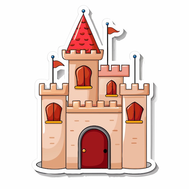 Sticker template with Big castle in cartoon style on a isolated white background 16