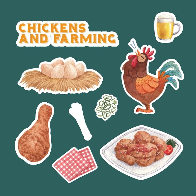 Vector sticker template with chicken farm food conceptwatercolor style