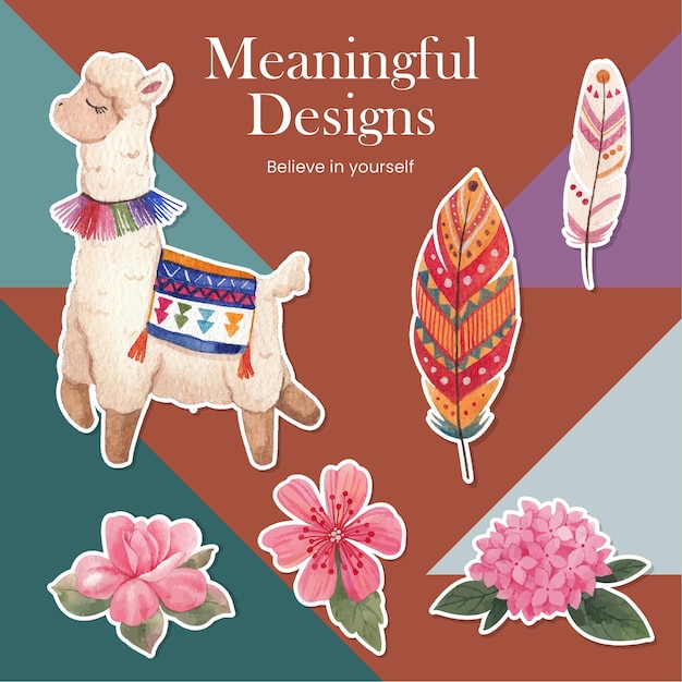 Sticker template with cute boho alpaca conceptwatercolor style