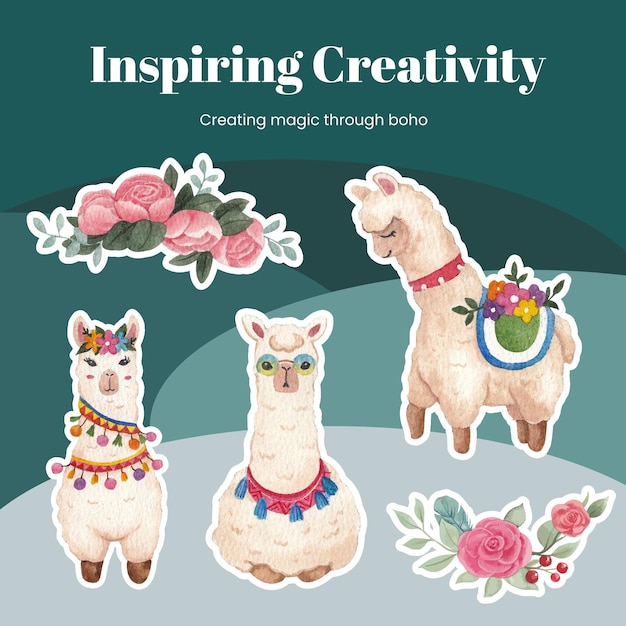 Sticker template with cute boho alpaca conceptwatercolor style