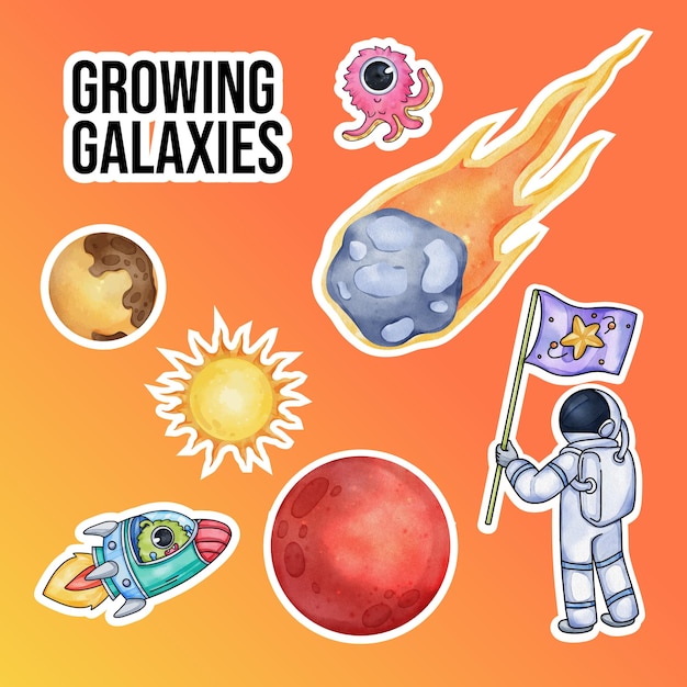 Sticker template with kids explore galaxy conceptwatercolor style