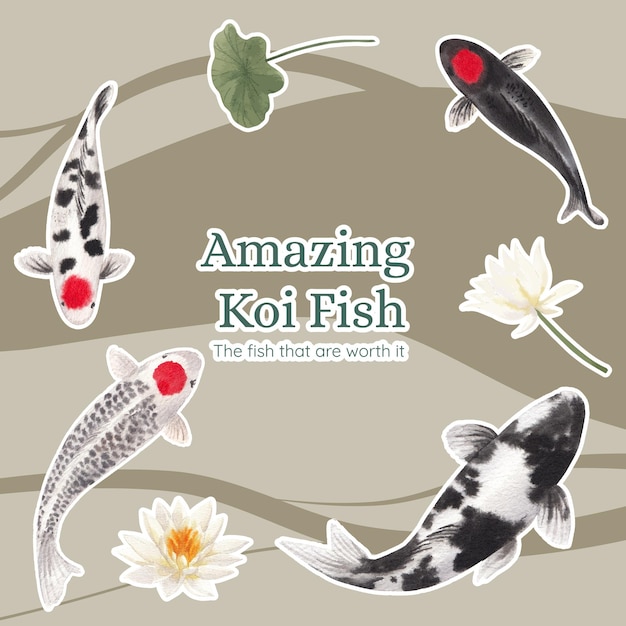 Sticker template with koi fish concept,watercolor style.