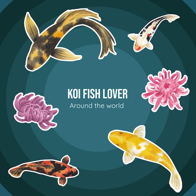 Sticker template with koi fish concept,watercolor style.