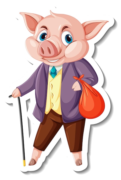 Sticker template with a pig wearing suit costume cartoon character isolated