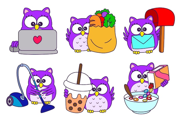 Sticker of violet owl daily activities Emoticon of cute owl in daily life