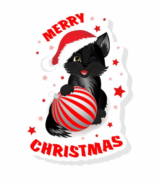 Sticker with black cat Cute little kitty sitting with Christmas ball