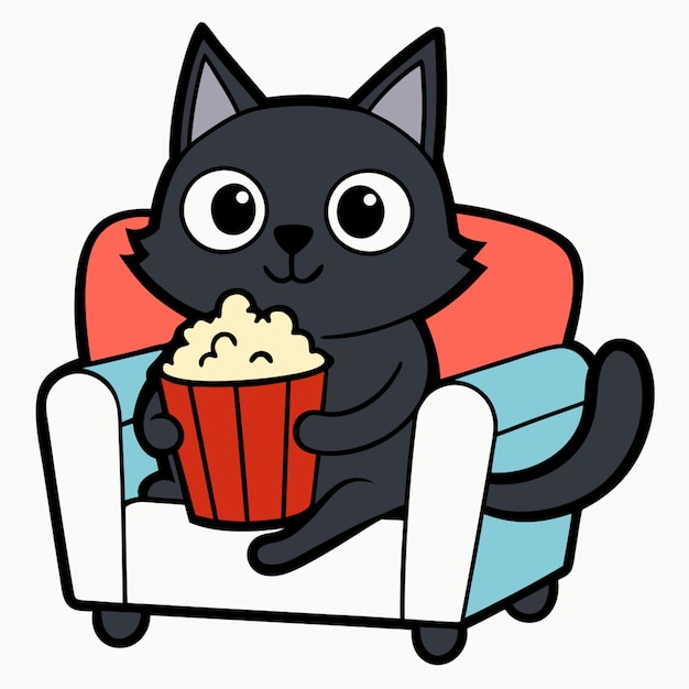 a sticker with black outline of a cute cat sitting on a sofa holding a popcorn on a white