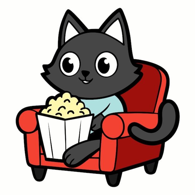 a sticker with black outline of a cute cat sitting on a sofa holding a popcorn on a white