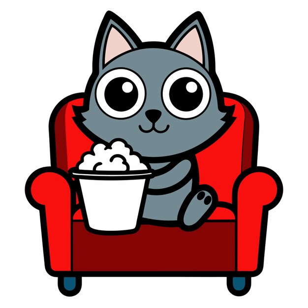 a sticker with black outline of a cute cat sitting on a sofa holding a popcorn on a white