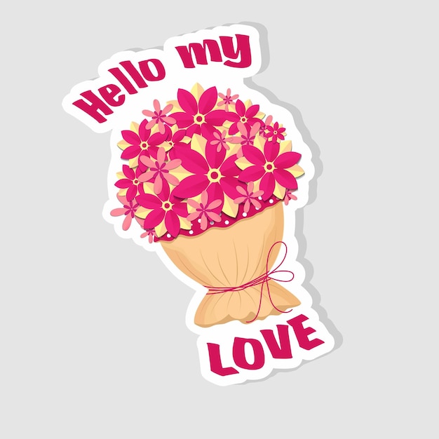 Sticker with bouquet of flowers in parer cut style on white background