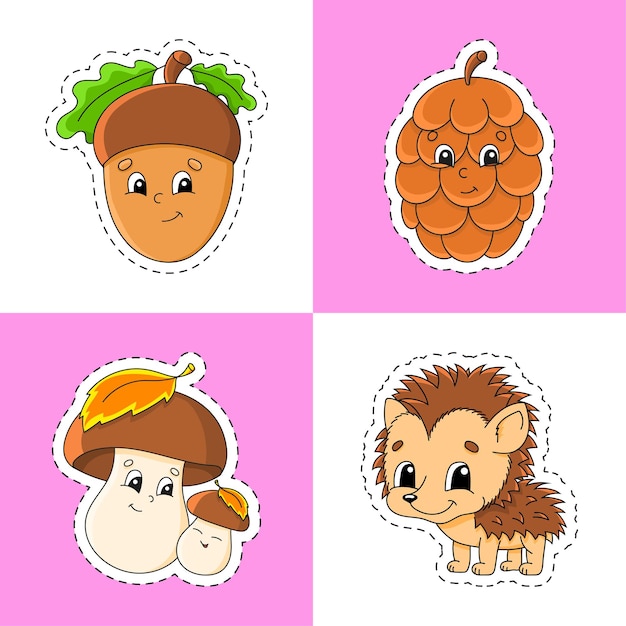 Sticker with contour cartoon character Colorful vector illustration Autumn theme